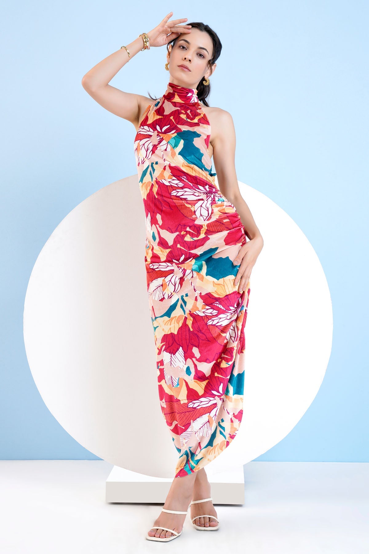 Buy Halter Neck Velvet Fitted Dress by Mandira Wirk